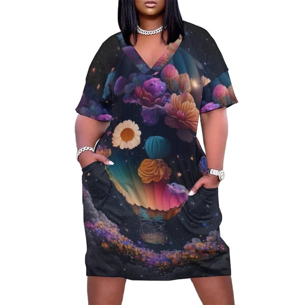 Vestido de fiesta de lujo elegante para mujer globo aerostático colorido hecho de flores en el cielo nocturno colorido 3 bolsillos sueltos ropa de Graduación