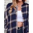 thumbnail image 4 of Women'S Button Down Flannel Shirts Plaid Shacket Long Sleeve Collared Long Jacket Coats Gray Blue Checkered L, 4 of 5