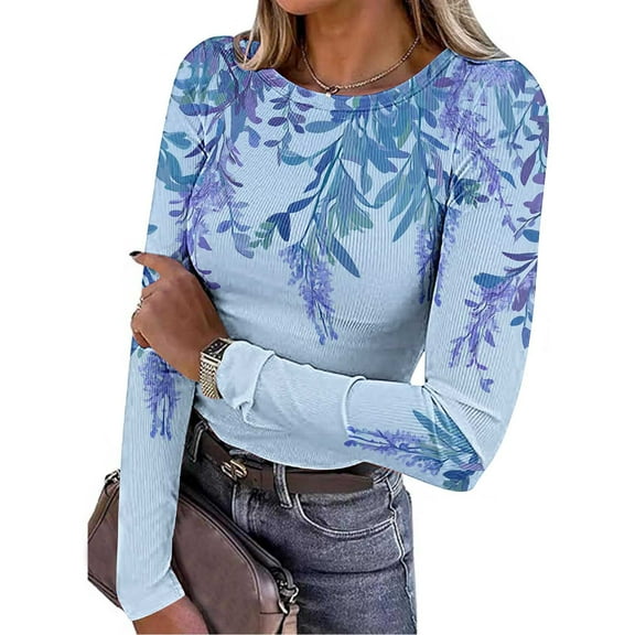 Ndbuld Slim Fitted Long Sleeve Shirts for Women Crewneck Tees Tight Basic Tops Sky Blue 2XL