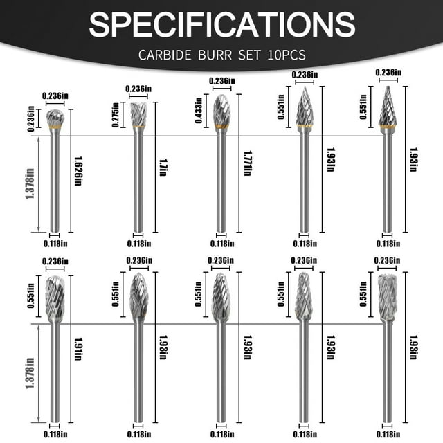 10-Piece 3×6mm Tungsten Steel Alloy Rotary File Set with Double Slot Cooling Design – Precision Grinding & Cutting Tools for Industrial Applications, Durable Milling Cutter Heads for Versatile
