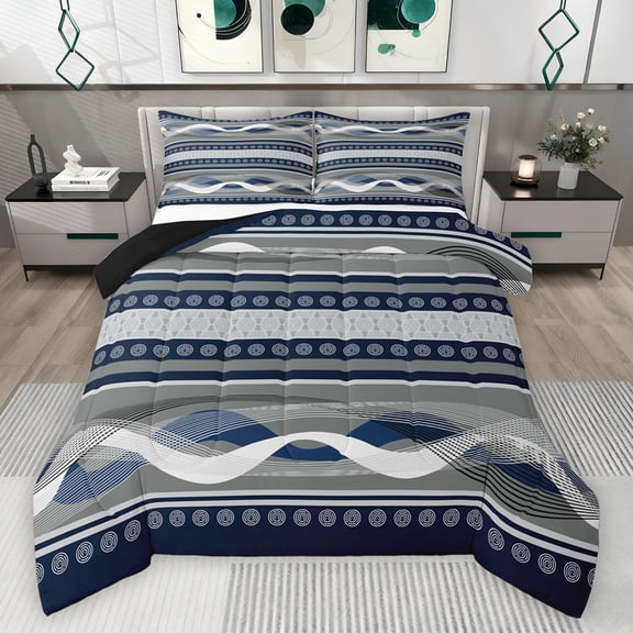Feelyou Abstract Lines Blue Bedding Comforter Set for Men, Modern Art Striped Twin Comforter Sets, Chic Contemporary Aesthetic Reversible Bedding Set, Breathable Home Decor, 2 Pieces