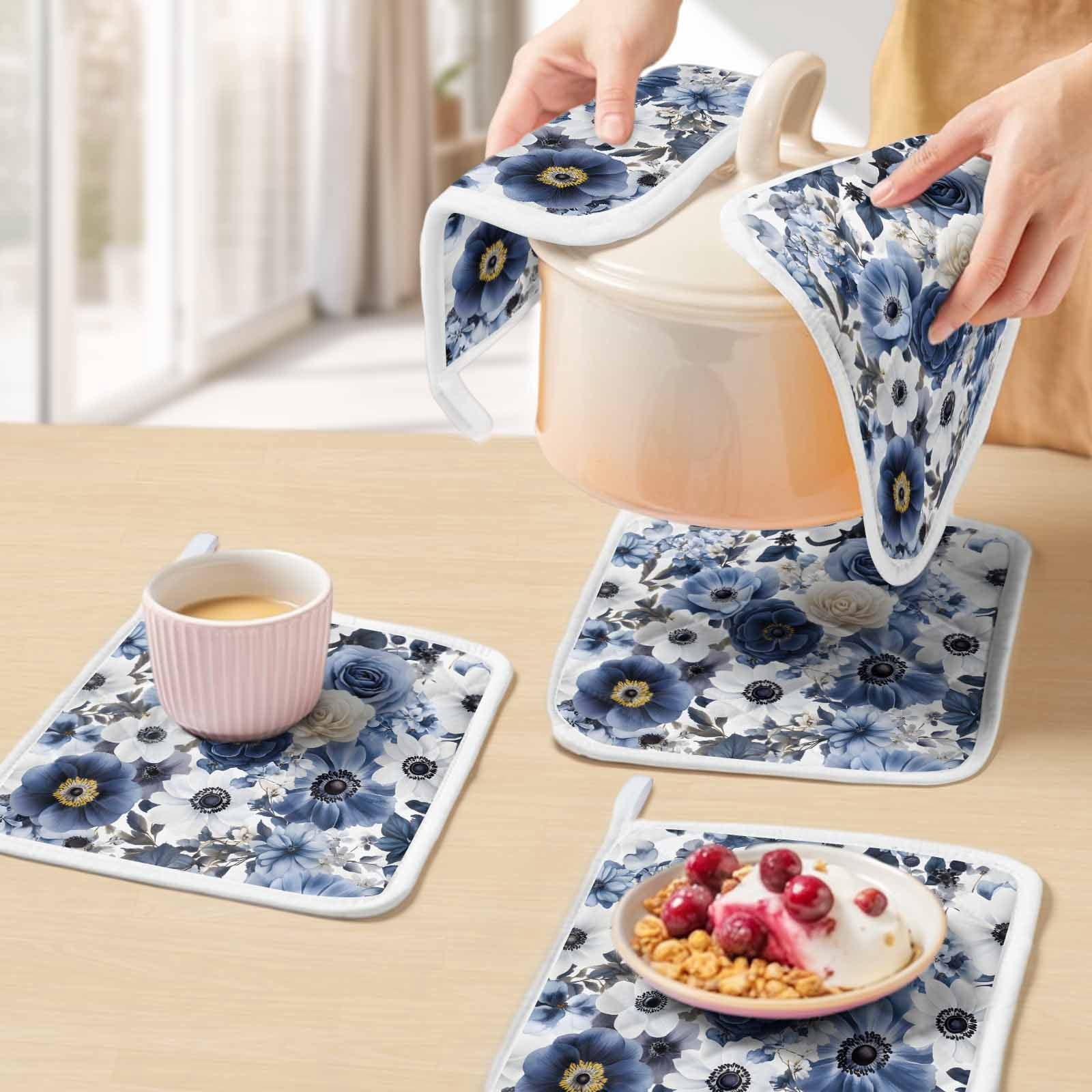 Blue Flower Pot Holders for Kitchen Heatproof Potholder, 5 Pack Vintage Ink Rose Floral Spring Botanical Hot Pads Multipurpose Oven Pads Cloth Potholders Trivet for Cooking Baking