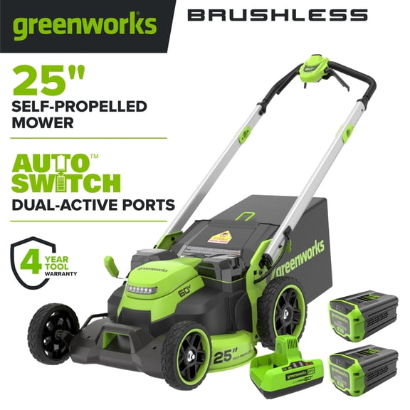 Greenworks 60V 25" Self-Propelled Lawn Mower with (2) 4.0 Ah Batteries & Rapid Charger 2546002