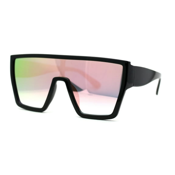Womens Retro Square Flat Top Plastic Shield Diva Sunglasses Black Peach Mirror