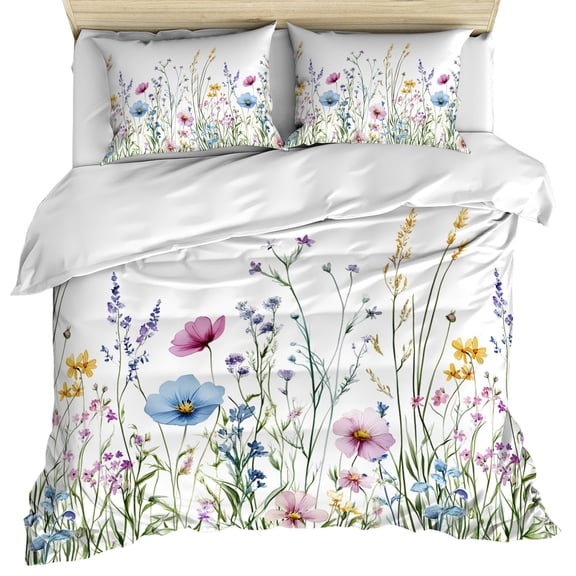 Spring Floral Duvet Cover Set, Colorful Botanical Wildflower Summer Soft Duvet Cover Queen Size Bedding Set 4 Pieces, 1 Quiltcover and 2 Pillowcases with Zipper, 1 Bed Sheet for All Seasons