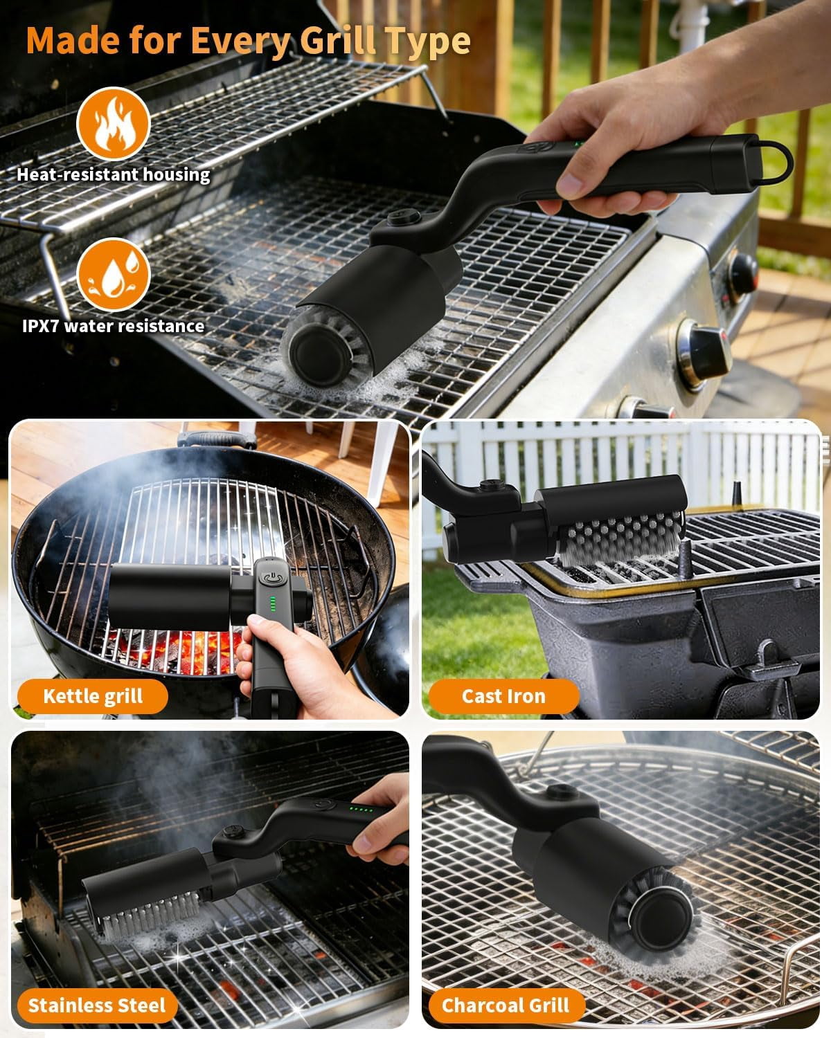 Electric Grill Brush, 3-Speed Rotary BBQ Cleaning Tool with 180° Adjustable Head,90-Minute Runtime,USB-C Rechargeable,Stainless Steel Bristle Brush for Gas,Charcoal and Ceramic Grills