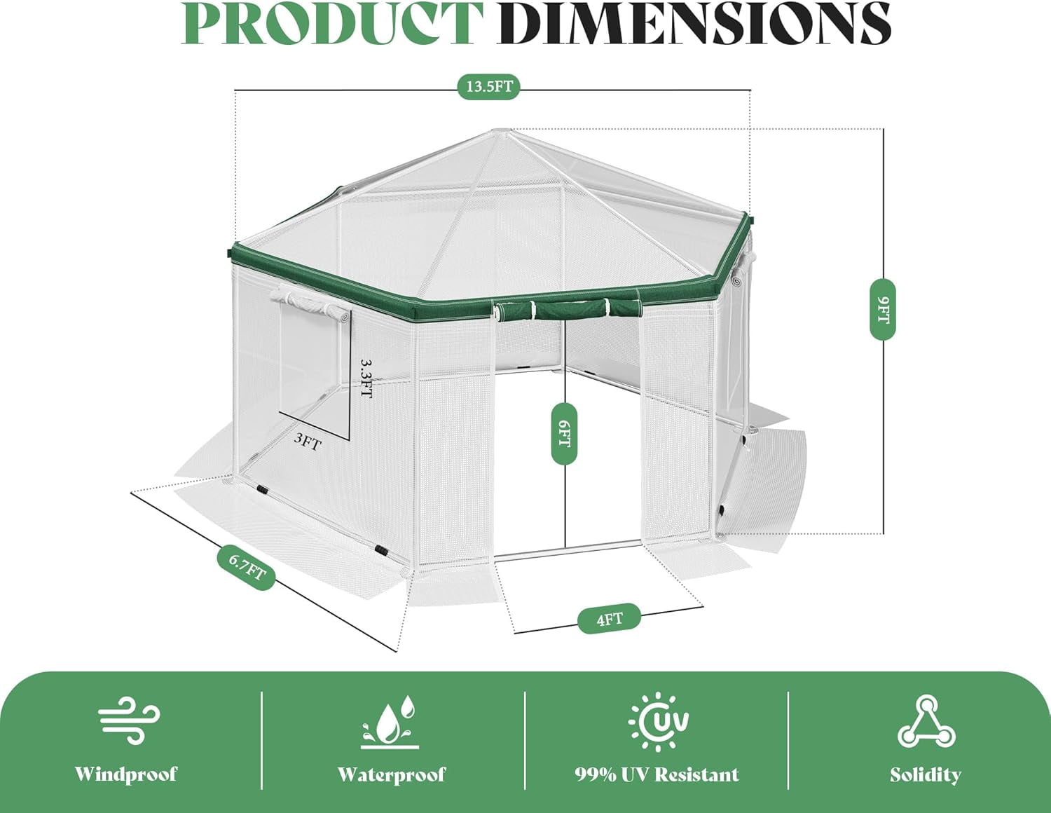 Jocisland 13.5x13.5x9 ft Hexagonal Walk-in Greenhouse for Outdoors, Heavy-Duty Greenhouse with Windbreak Ropes, PE Cover for Garden, White/Green