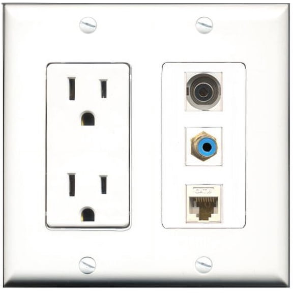RiteAV - 15 Amp Power Outlet 1 Port RCA Blue 1 Port 3.5mm 1 Port Cat6 Ethernet Ethernet White Decorative Wall Plate