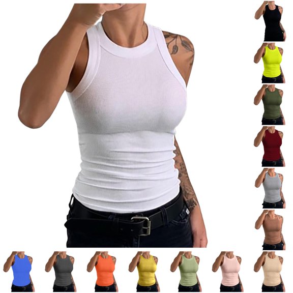 Uobin Sleeveless Tank Tops for Women High Neck Racerback Ribbed Knit Top Summer 2026 Casual Basic Slim Fit Workout Shirts
