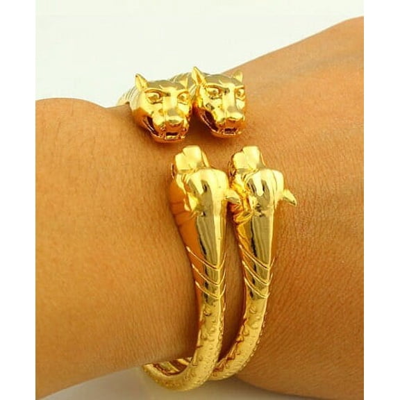 18k Yellow Gold Filled High Polish Finish Lion Adjustable Bangle 2pc Set