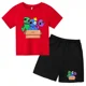 thumbnail image 3 of Conjunto de camiseta y pantalones cortos de cuello redondo de manga corta para niños y niñas de 3 a 12 años, ropa de verano con estampado de amigos arcoíris de algodón, 3 of 5