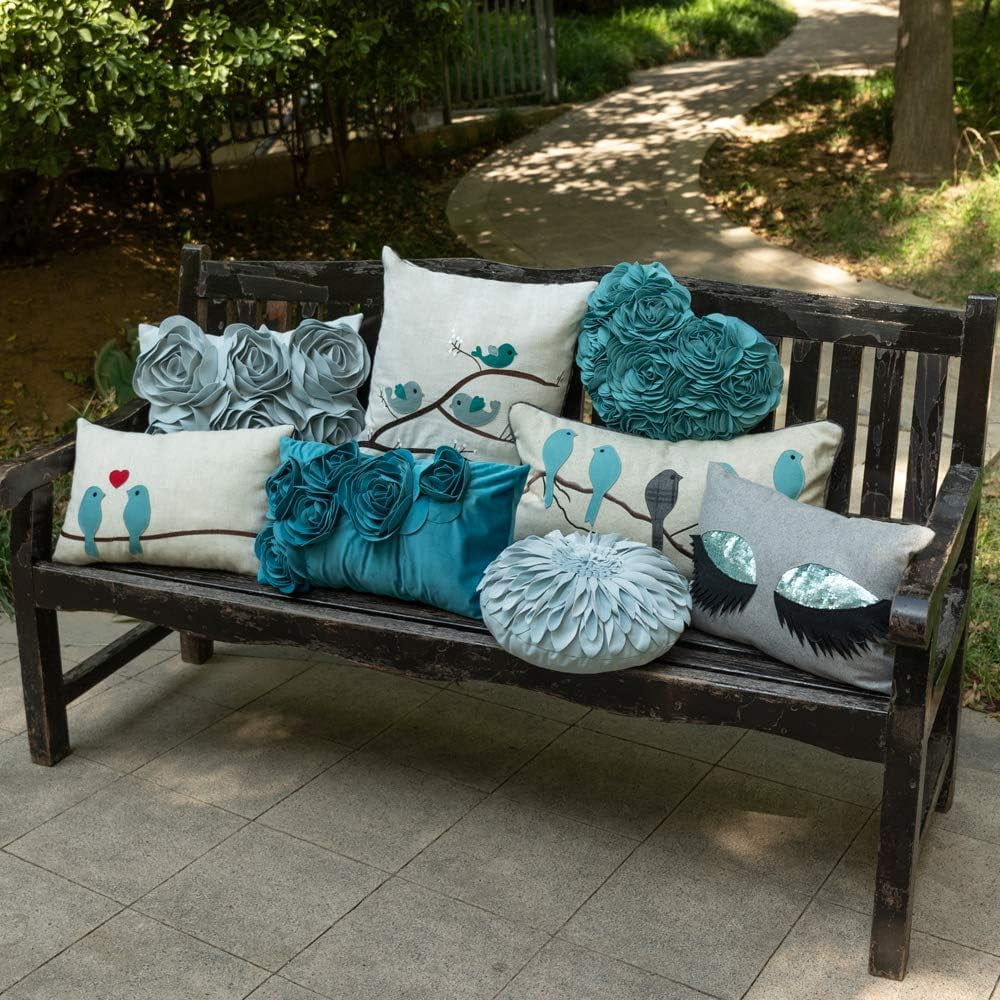 JWH 3D Flower Decorative Valentine's Day Gift for Her Heart Accent Pillow Case with Insert 14x16 inch Teal Blue