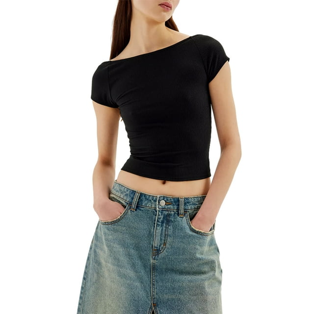 Diconna Women Short Sleeve Crop Tops Solid Color/Stripe Rib Knit Backless T-Shirts Summer Slim Fit Shirts Streetwear