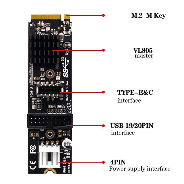 pitrice M.2 MKEY Expansion Card Professional Control Adapting Accessory 19/20 Pin PCIE USB3.1 Adapter Controller Desktop Accessories