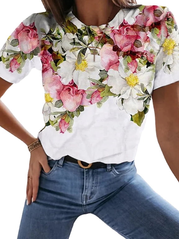 Womens Casual Tops Short Sleeve Floral Print Pullover Blouse T-Shirt