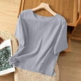 thumbnail image 5 of HomeGardon Womens Shirts Plus Size Tops for Women,Women's Solid Color Imitation Cotton and Linen Shoulder Down Short Sleeved Round Neck Hem Slit Top,S-XXXXL, 5 of 5