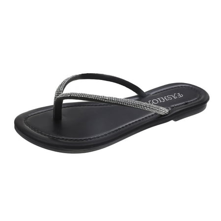 

slipper for Women Fashion Summer Women Slippers Rhinestone Strap Flat Flip Flops Casual Comfortable PU Dress Sandals for Women Black