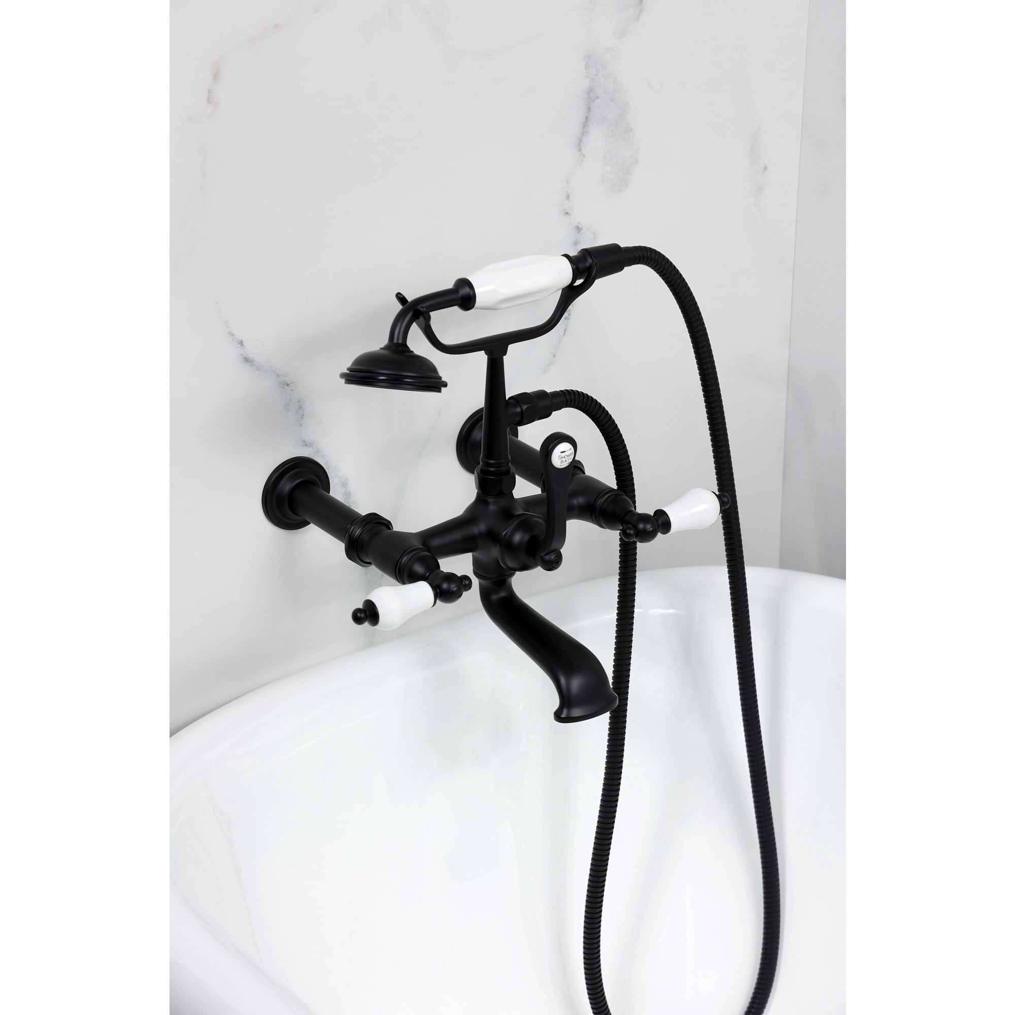 Kingston Brass CC543T0 Vintage 7-Inch Wall Mount Tub Faucet with Hand Shower, Matte Black