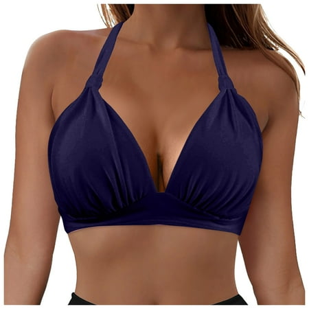 adviicd Women s Underwire Bikini Tops V Neck Halter Swim Top Push Up Criss Cross Bathing Suit Top Only Dark Blue S