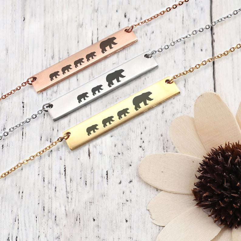 Personalized Rose Gold Mama Bear Cubs Bar Necklace - Custom Gift for Mom - Stainless Steel Bar - Family Bear Necklace - Jewelry Gift for Her - Ships Next Day!