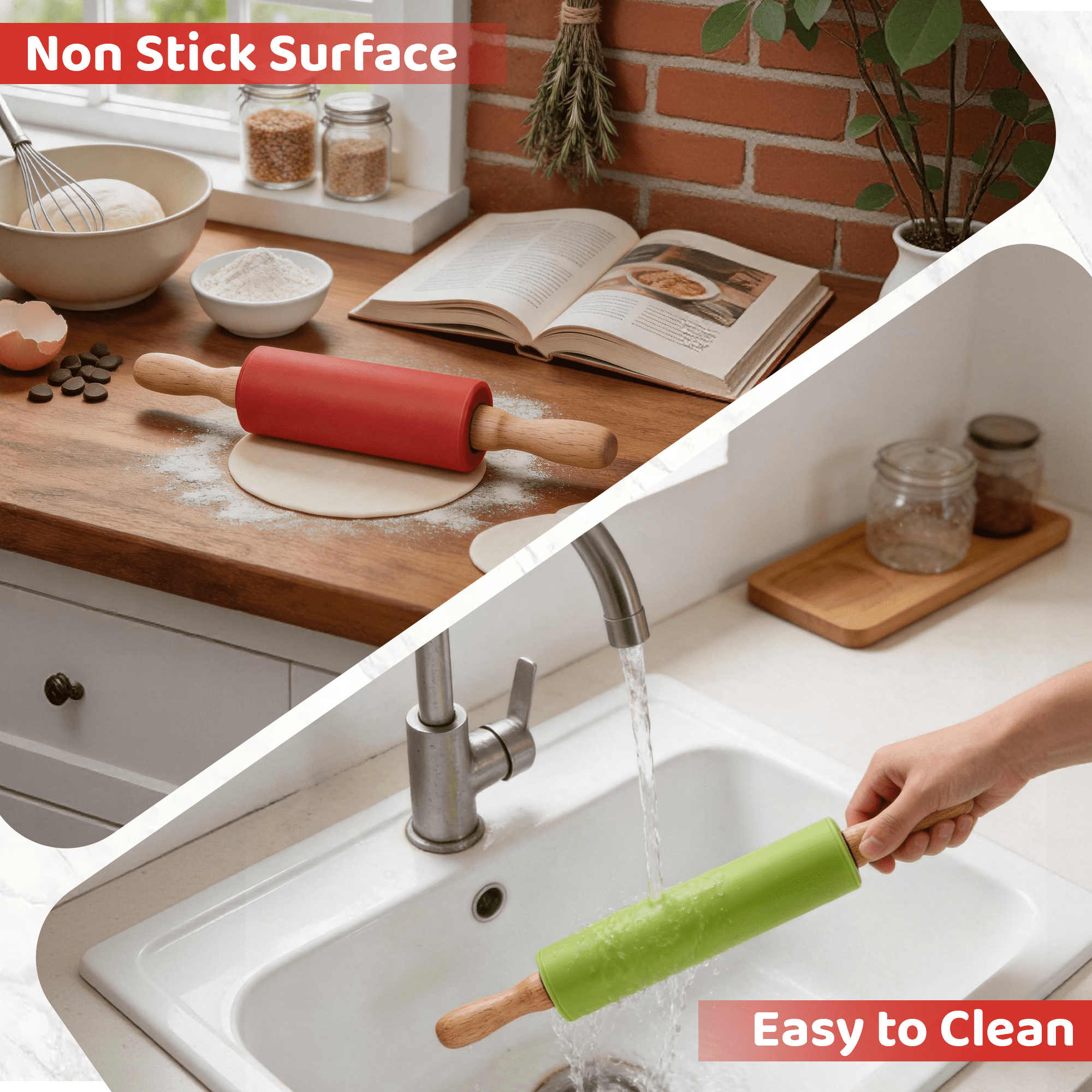 2 Pack Silicone Rolling Pin for Baking, 12/9 In Non Stick Surface Dough Roller with Wooden Handle, Rolling Pins for Baking Pizza, Pies, Pastry and Cookies,(Green/Red)