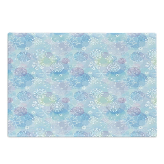 Snowflake Cutting Board, Bokeh Style Background with Abstract Snowflake Pattern Winter Themed Composition, Decorative Tempered Glass Cutting and Serving Board, Large Size, Multicolor, by Ambesonne
