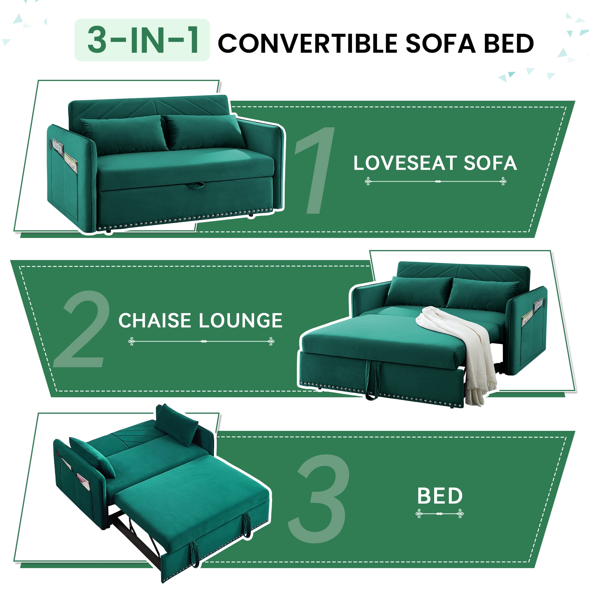 Dinosisco Convertible Sleeper Loveseat with USB, 55" Velvet Futon Sofa Bed, Green