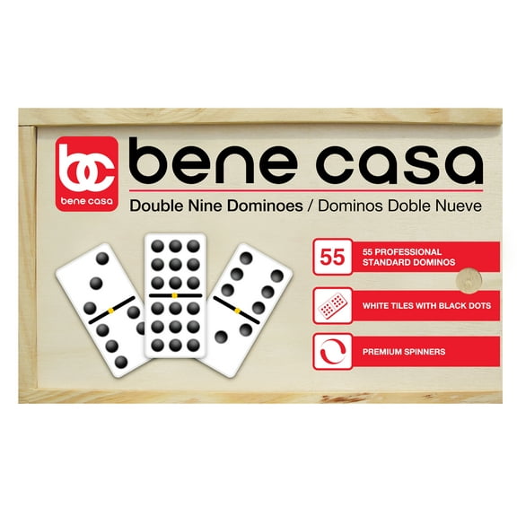 Bene Casa 55-Tile Double 9 Classic Domino Set with Wooden Storage Box, Glossy White
