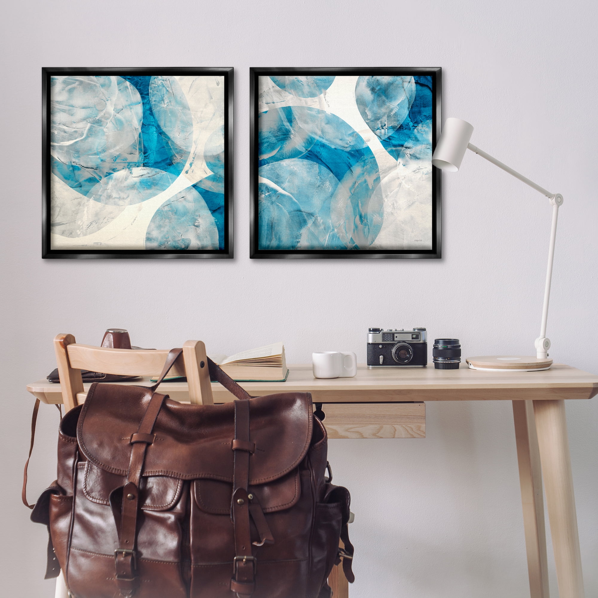 Stupell Industries Abstract Teal Cream Circles Abstract Painting Black Floater Framed Canvas Art Print Wall Art, 25 x 25, Set of 2