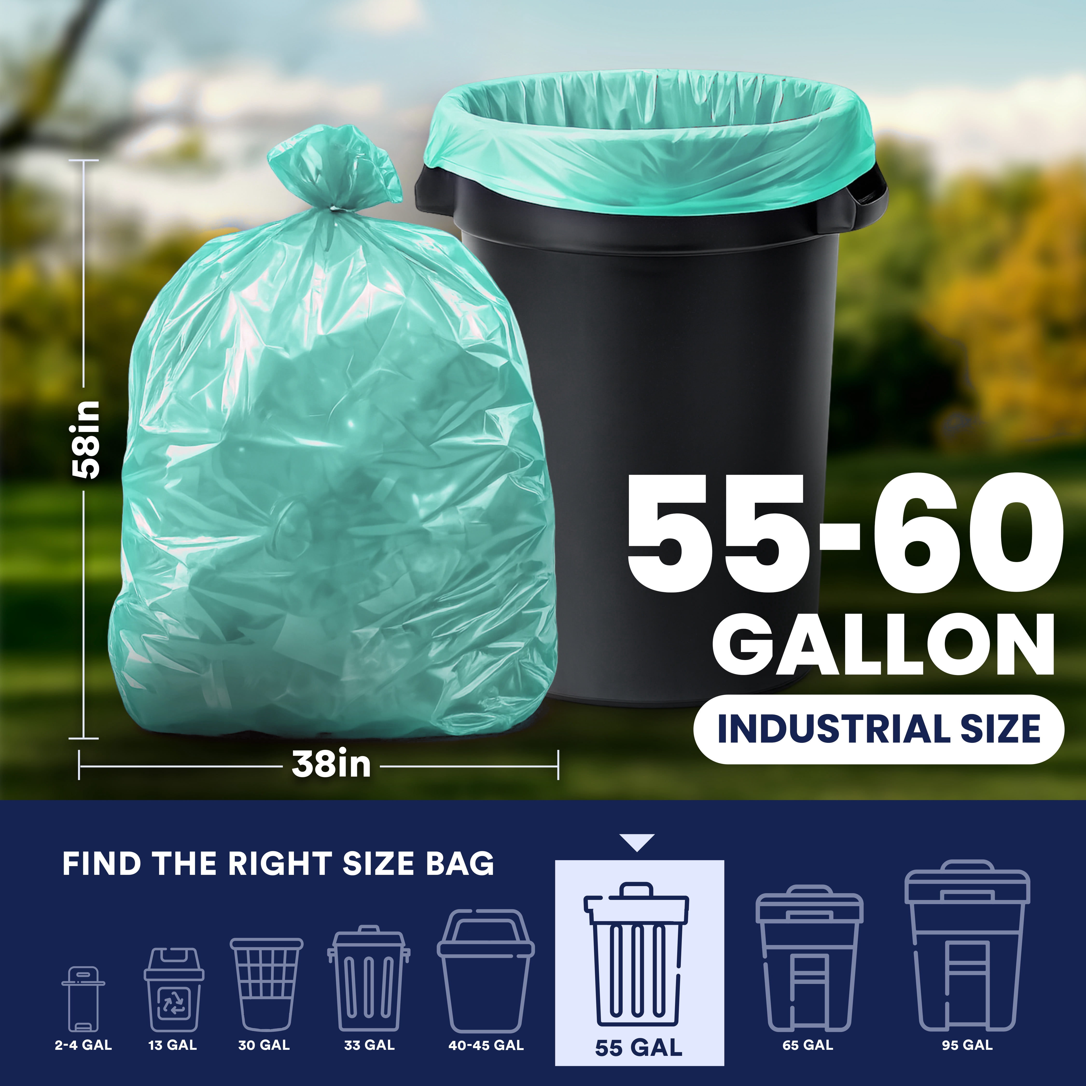 Plasticplace 55-60 Gallon Trash Bags │ 1.2 Mil │ Green Heavy Duty Garbage Can Liners │ 38” x 58” (50 Count)