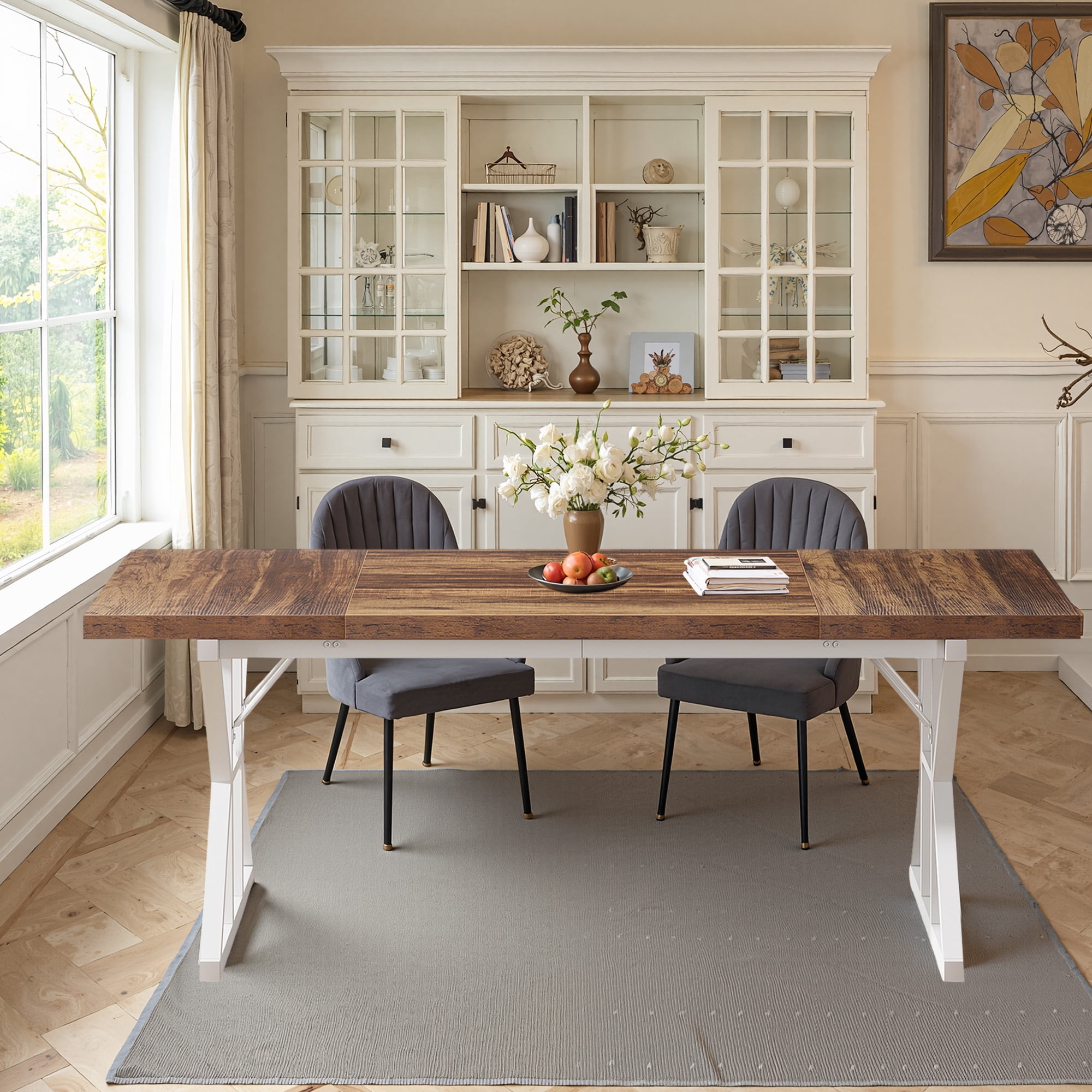 MAYEERTY 70.86" Farmhouse Rectangular Dining Table, Vintage Brown Wood Top White X Trestle Metal Base, Seats 6 Multi-Purpose Kitchen Conference Desk