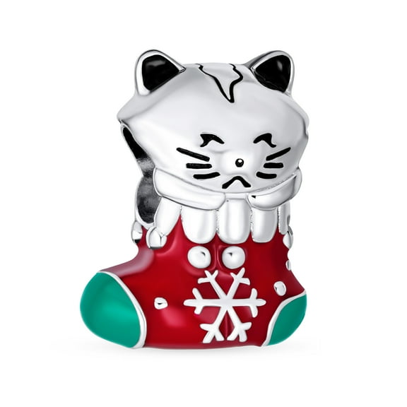 Bling Jewelry Womens Christmas Charm Bead Kitten Stocking Enamel Sterling Silver for Bracelets