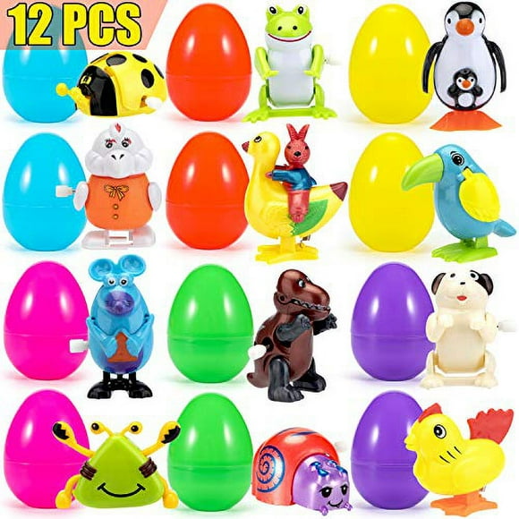 YEAHBEER 12 Sets Filled Easter Eggs with Assorted Wind-up Toys, Easter Basket Stuffer for Kids, 4" Plastic Easter Eggs Party Favors (12 Set) Easter Toys