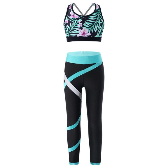 YIZYIF Kids Girls Strappy Back Printed Crop Top with Leggings Juniors Sports Suit Jogging Running Outfit Lily 8