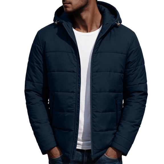 hoksml Men's Hooded Puffer Quilted Jacket Zip Up Lightweight Warm Winter Outerwear with Side Pockets