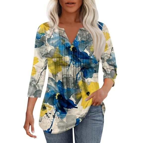 Mashaouyo Short Sleeve Blouses Casual V Neck Summer Tops Shirts for Women With Leggings Pleated Curved Tunic