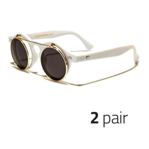 2 Pair Cool Flip Up Lens Steampunk Vintage Retro Round Sunglasses  Clear USA 