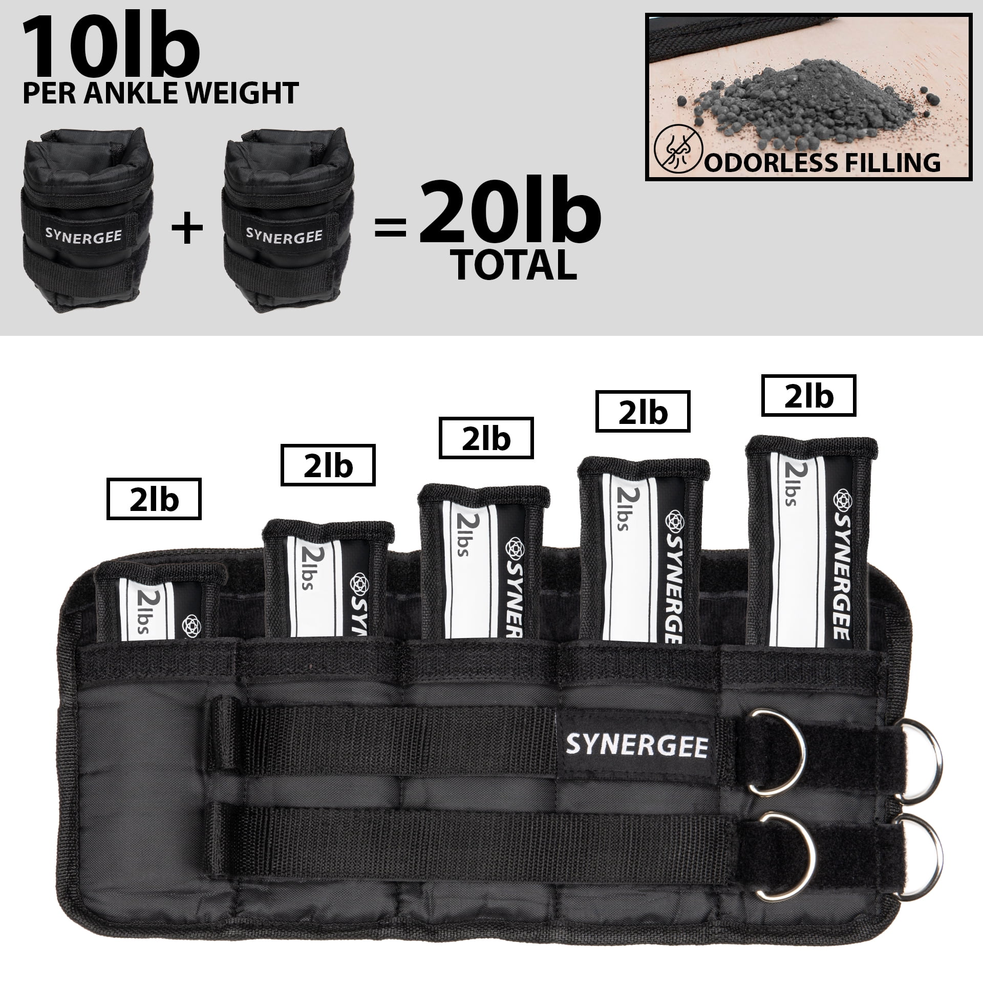 Synergee Comfort Fit 2-20lb Adjustable Ankle/Wrist Weights (Set of 2). One Size Fits All.