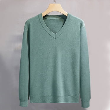 Mens Sweater Long Sleeved V Neck Solid Color Texture Design Sweater Army Green L
