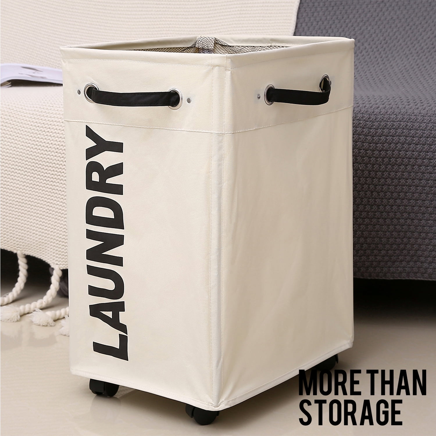 Caroeas 24" Pro+ Wheeled Laundry Hamper Beige Breathable Cover Heavy Duty Laundry Sorter Dirty Clothes Organizer Waterproof Foldable Laundry Basket Extra Large Cotton Laundry Bag