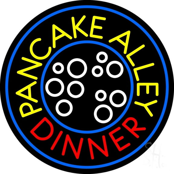 Circle Pancake Alley Dinner LED Neon Sign 26 x 26 - inches, Black Square Cut Acrylic Backing, with Dimmer - Bright and Premium built indoor LED Neon Sign for restaurant window and interior decor.