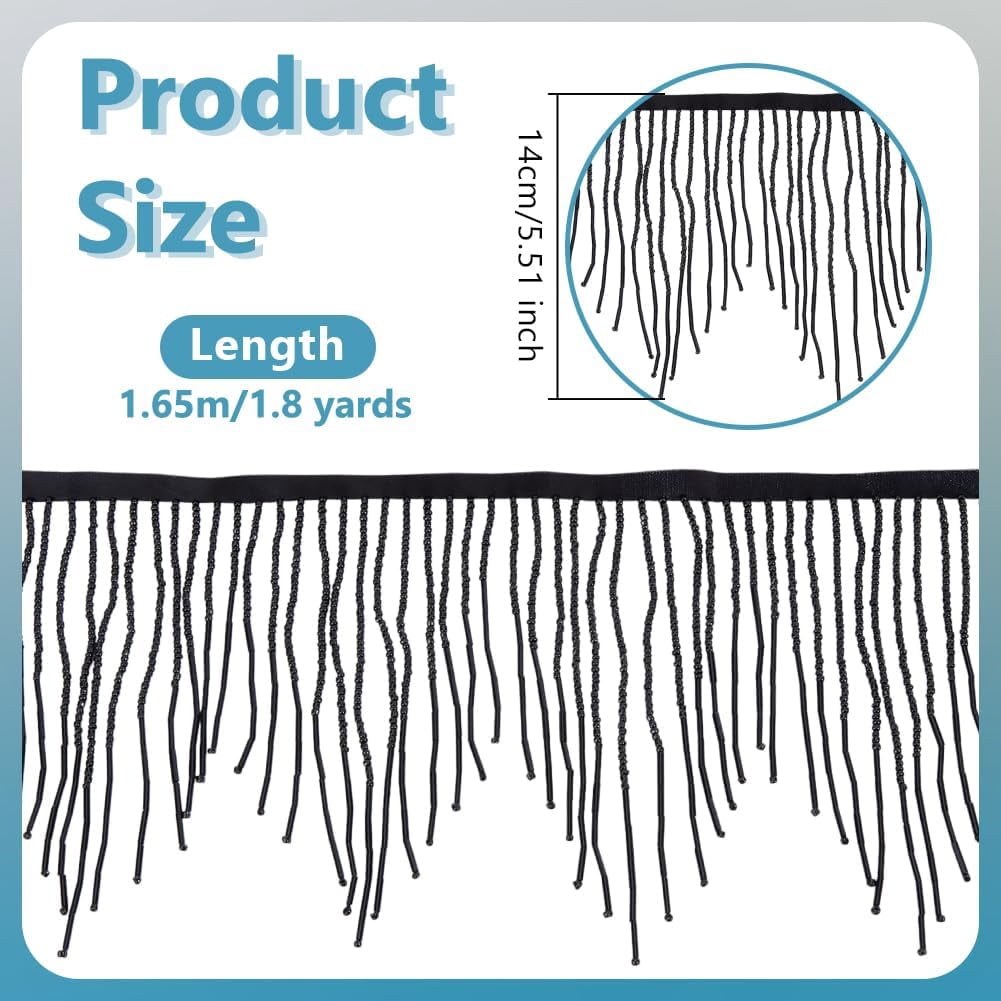 1set 1.8 Yards Glass Beads Fringe Tassel Lace Trim Ribbon Cotton Ribbon Clothing Accessories Black 5-1/2 inch(140mm)