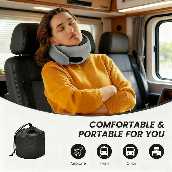 Eoumupi Travel Neck Pillow, Memory Foam Cervical Pillow with Removable Washable Cover, Ergonomic Design for Airplane & Car Long Journey,Gray,1 pc