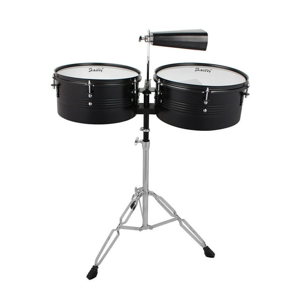 13" & 14" Timbales Drum Set with Stand and Cowbell Percussion Instrument, Black