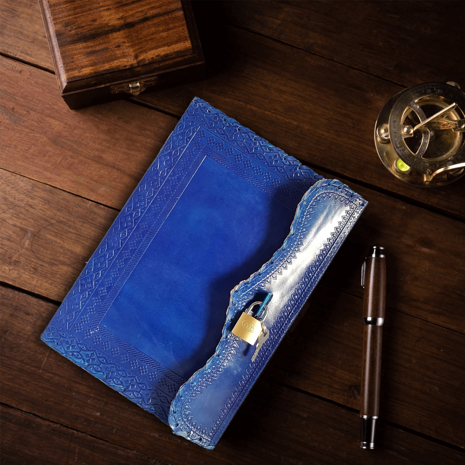 Jaald 10" Leather Journal Blank Notebook Handmade Travel Diary with Lock Writing Bullet Journal Christmas Gift Blue Sketchbook for Artists
