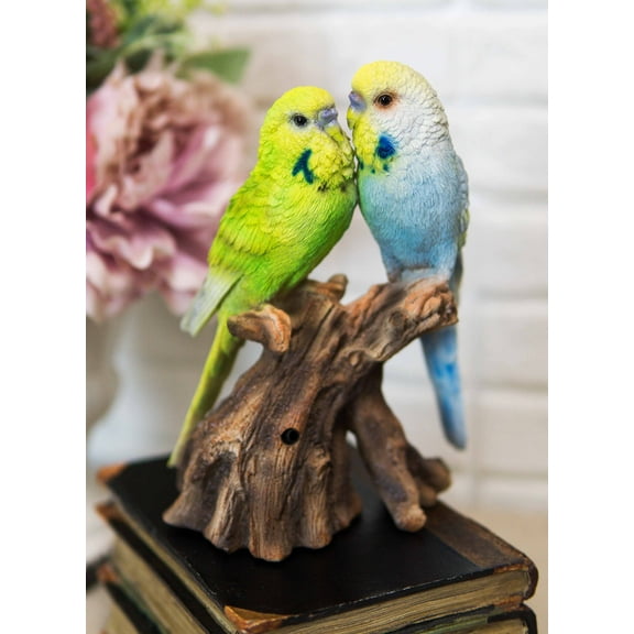 Ebros Green Blue Parakeets Perching on Branch Motion Activated Bird Sound 7"H