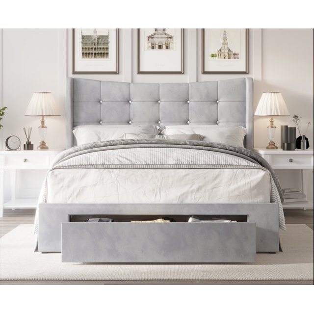 HMD Bennett Lit de Panneau de Rangement Rembourré Touffeté, Gris Argenté