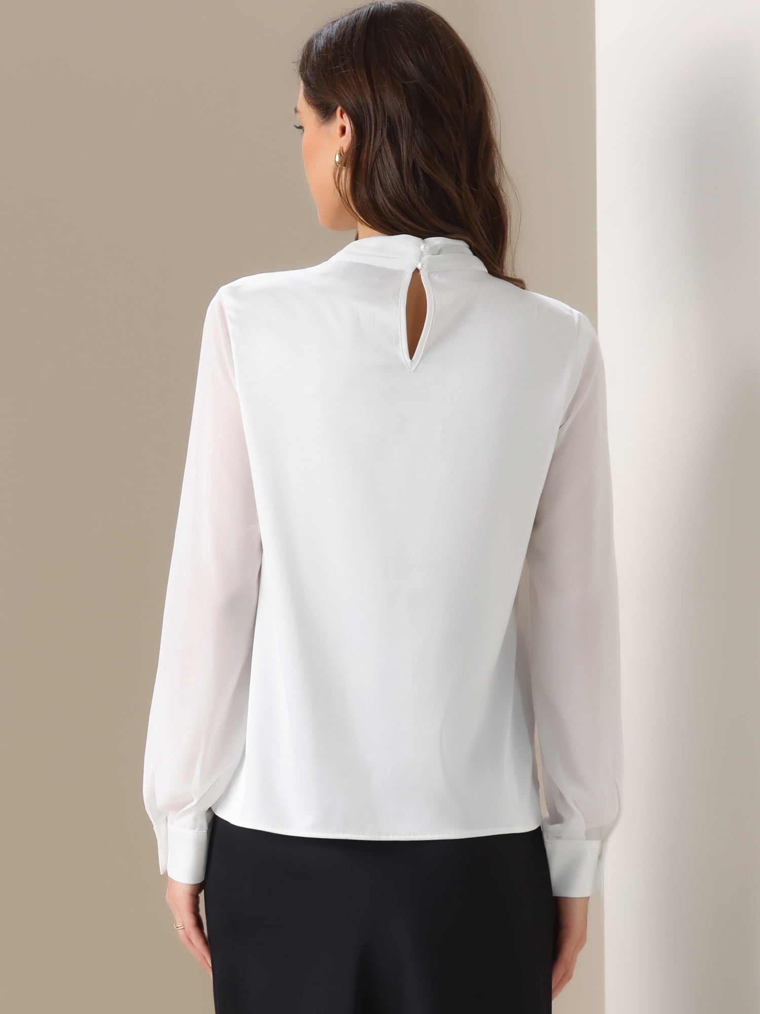 DARING DIVA Women's Slit Long Sleeve Twist Mock Neck Satin Blouse M White