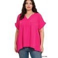 thumbnail image 2 of Zenana Plus Size Relaxed Fit Gauge Rolled Short Sleeve Raw Edge V-Neck T-Shirt Tunic, 2 of 2