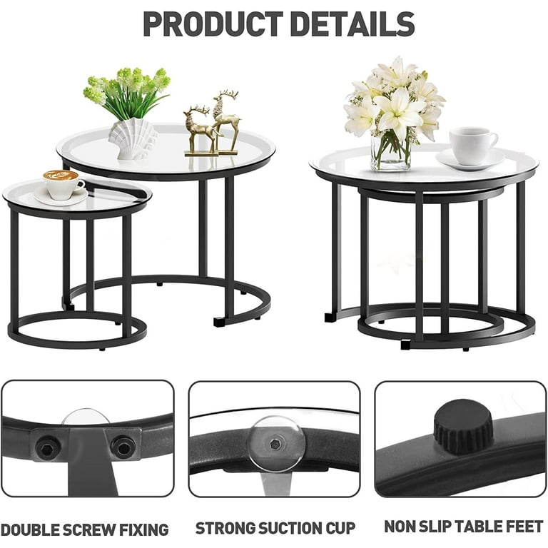 Aboxoo 2-Piece Black Nesting Coffee Table with Glass Top, Metal